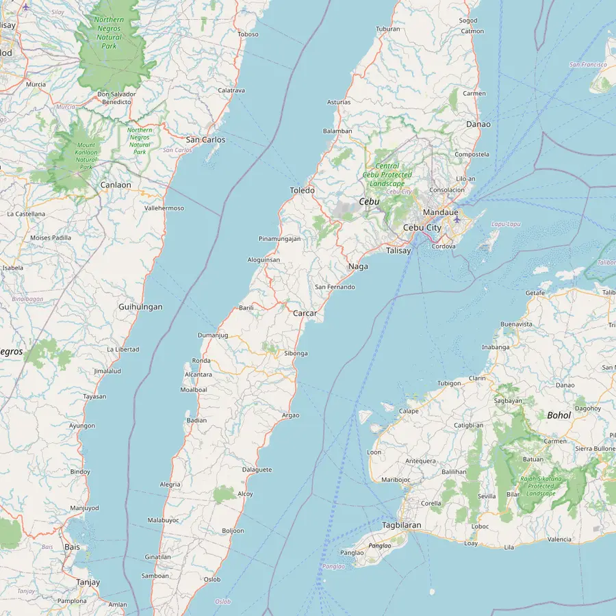 Map of southern Cebu with Moalboal on the west coast and Cebu City on the east coast